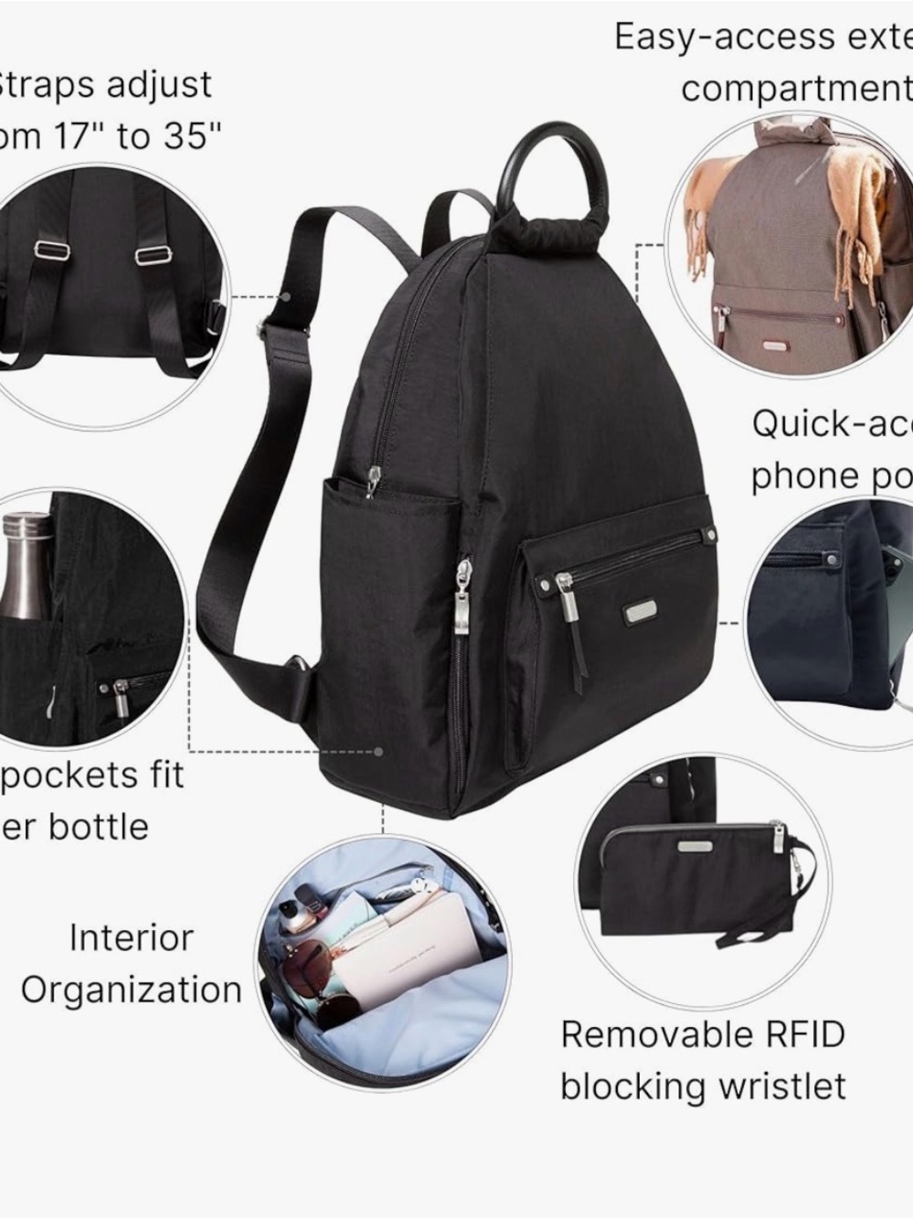 Baggallini Black Everyday Backpack with Front Zip Pocket - Picture 6 of 6